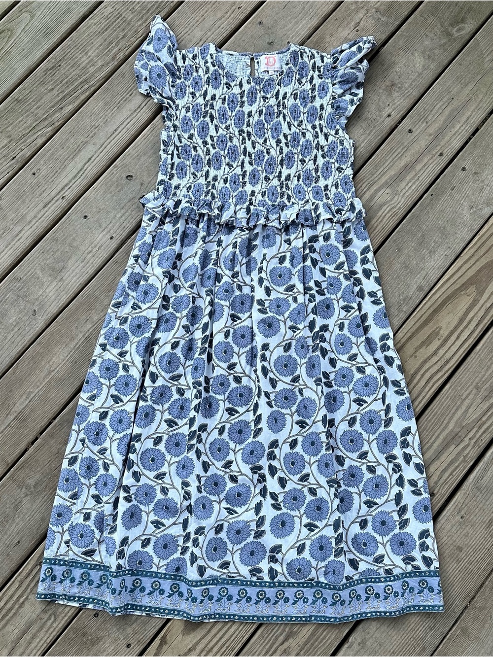 Victoria Dunn Floral Blue Smocked Ruffle Dress M